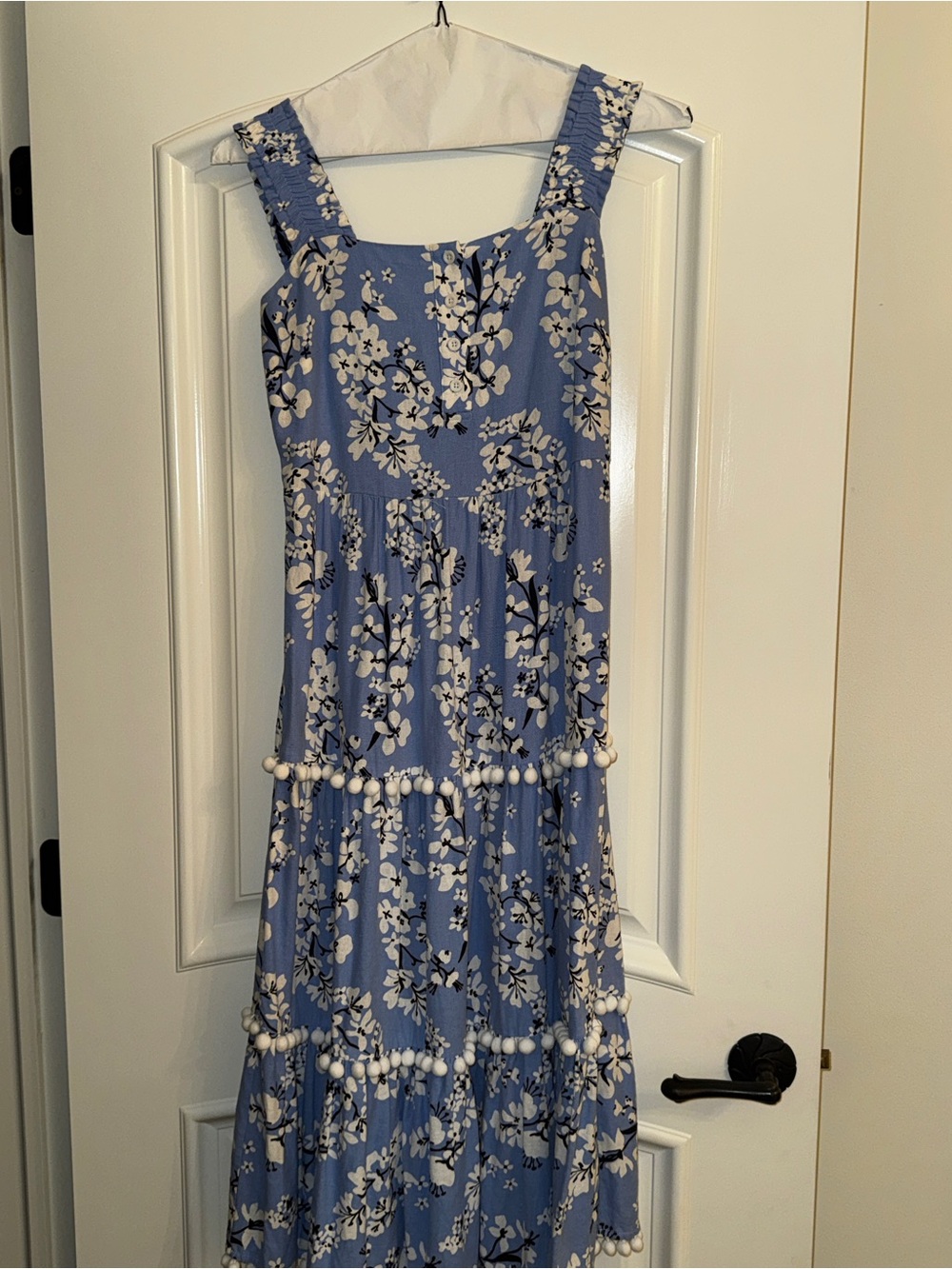 Sail to Sable Blue Tiered Midi Dress with Pom detail